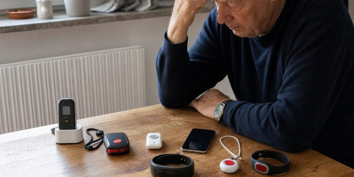 Seniorin mit Gardia Notrufarmband am Handgelenk in der Küche