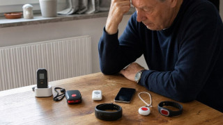Seniorin mit Gardia Notrufarmband am Handgelenk in der Küche